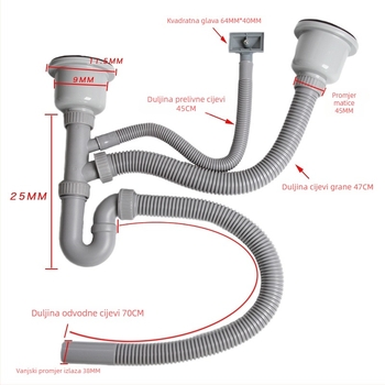 Kuhinjski odvodni cijev za sudoper, PP materijal, model gk-0825-08, težina 318 g