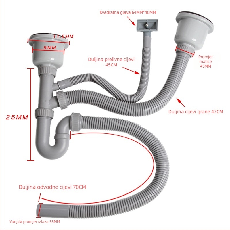 Kuhinjski odvodni cijev za sudoper, PP materijal, model gk-0825-08, težina 318 g