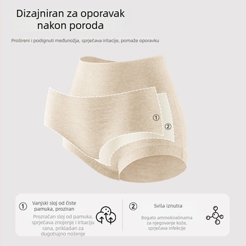 Gaćice za postporođajno razdoblje s visokim strukom za oporavak, pamuk 90–95%, podstava od svile Mulberry (<30%), pletene sa 40 niti