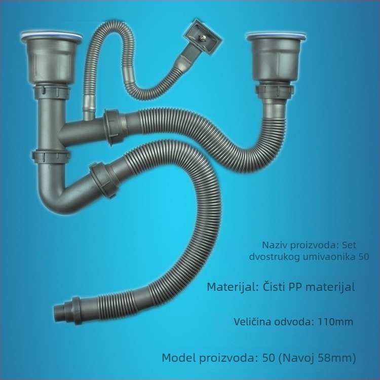 Set odvoda za dvostruku kuhinjsku sudoperu od nehrđajućeg čelika, model RQ50N, moderan stil