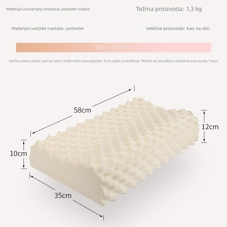 Royal Knight prirodniLatex jastuk, sadržaj lateksa 90%+, pravokutni oblik, težina 1,5–2 kg, pletena tkanina
