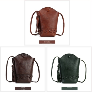 Ženska torbica od prave kože – mobilna torbica za telefon s tkanom uzorkom, mini crossbody s resicama, bucket stil, magnetsko zatvaranje, podstava od poliestera