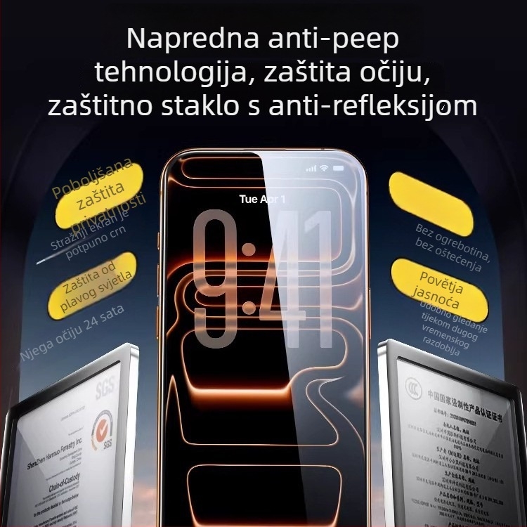 Pingsheng Anti-Spy kaljeno staklo za prednju zaštitu zaslona iPhone 15–17 – HD, cijeli zaslon