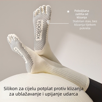 Petprstne čarape za pilates i jogu s dugim potkoljenicama, 100% pamuk, protuklizne, upijanje znoja, bešavne prste, sportske
