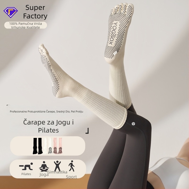 Petprstne čarape za pilates i jogu s dugim potkoljenicama, 100% pamuk, protuklizne, upijanje znoja, bešavne prste, sportske