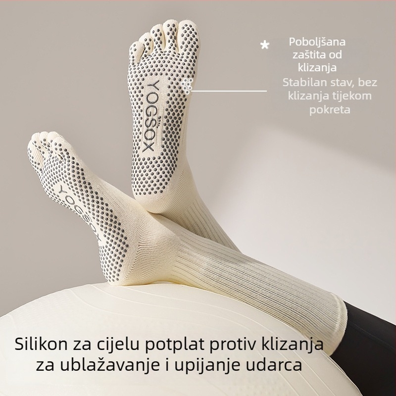 Petprstne čarape za pilates i jogu s dugim potkoljenicama, 100% pamuk, protuklizne, upijanje znoja, bešavne prste, sportske