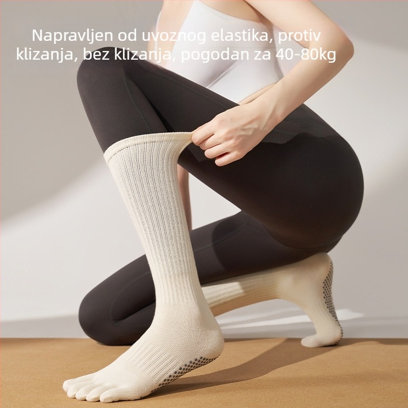 Petprstne čarape za pilates i jogu s dugim potkoljenicama, 100% pamuk, protuklizne, upijanje znoja, bešavne prste, sportske