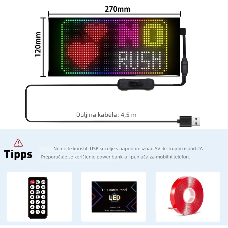LED fleksibilni zaslon za automobil s APP Bluetooth reklamnim zaslonom, puna boja, inteligentna auto naljepnica, PC kućište, 32 serija LED HD fleksibilni panel, 10W, 5V, 2A, montaža na vrata ljepilom