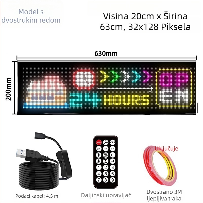 LED fleksibilni zaslon za automobil s APP Bluetooth reklamnim zaslonom, puna boja, inteligentna auto naljepnica, PC kućište, 32 serija LED HD fleksibilni panel, 10W, 5V, 2A, montaža na vrata ljepilom