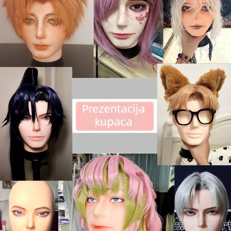 Model glave za periku za cosplay s držačem, model RBE-GT09; materijal kose: K silk / p silk; frizura paruke: anime cosplay; duljina kose: srednja do dugačka; opseg glave: velik