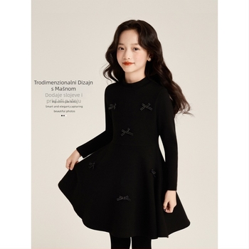 Djevojačka haljina u Hepburn stilu s dugim rukavima i mašnicom, A-linijski kroj, zima 2025