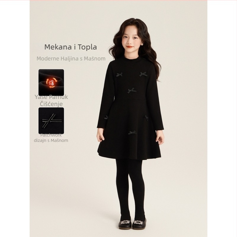 Djevojačka haljina u Hepburn stilu s dugim rukavima i mašnicom, A-linijski kroj, zima 2025