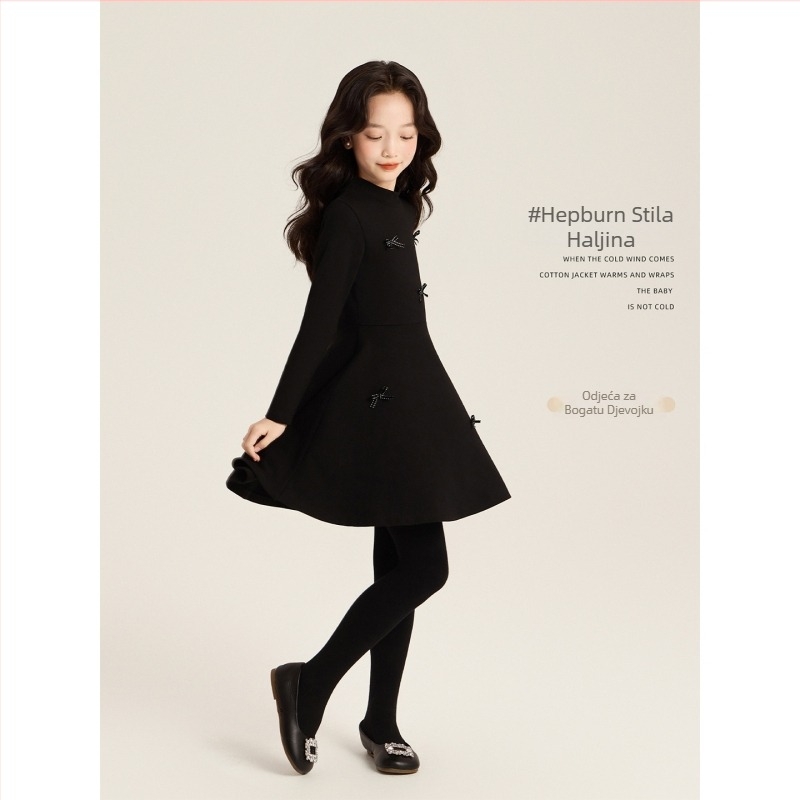 Djevojačka haljina u Hepburn stilu s dugim rukavima i mašnicom, A-linijski kroj, zima 2025
