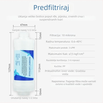 Sur filter za vodu | PP pamuk filtar, prozirno kućište, predfiltr za tuš, perilicu, bojler i pametnu toaletu; filtriranje sedimenta; 100 komada u kutiji