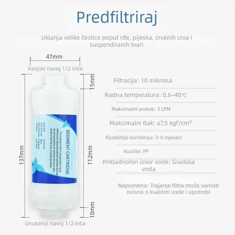 Sur filter za vodu | PP pamuk filtar, prozirno kućište, predfiltr za tuš, perilicu, bojler i pametnu toaletu; filtriranje sedimenta; 100 komada u kutiji