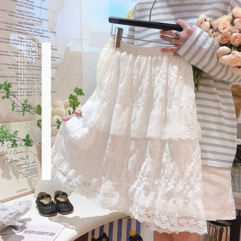 Dječja suknja s čipkom i izvezenim dezenom - srednja duljina, stil princeze, 95% poliester, podstava 100%, za djevojčice 8+ godina, jesen 2025