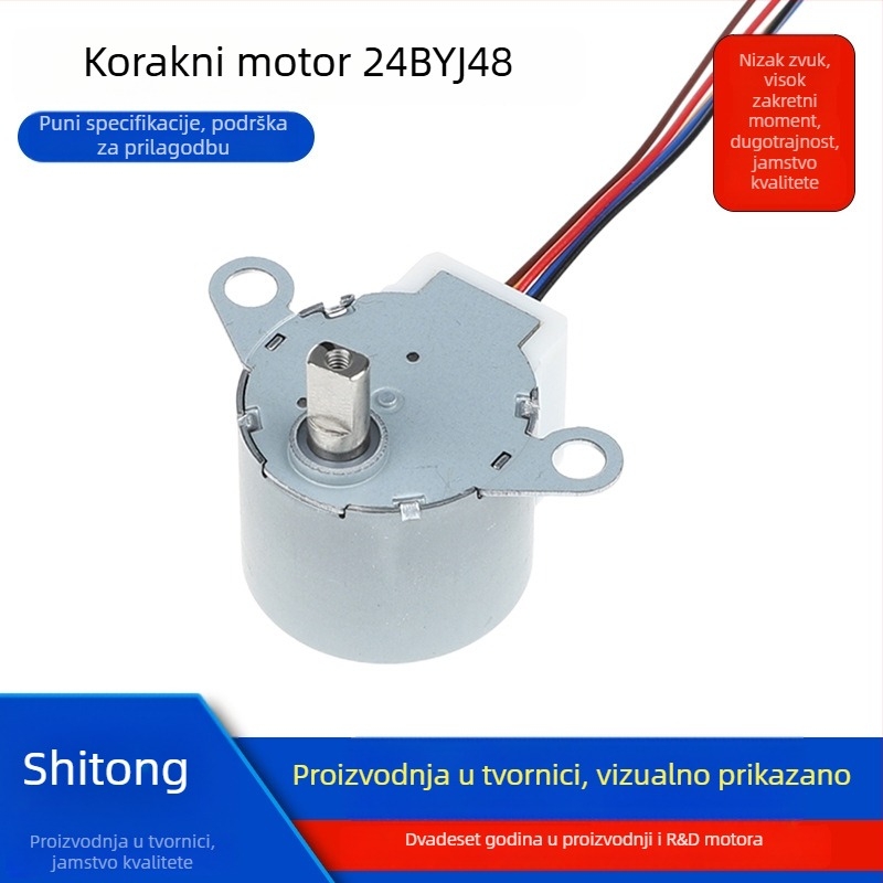 Stepper motor s trajnim magnetom 24BYJ48-2012; nazivno napajanje 5–36V; nazivni napon 5A; nazivna brzina 100 rpm.