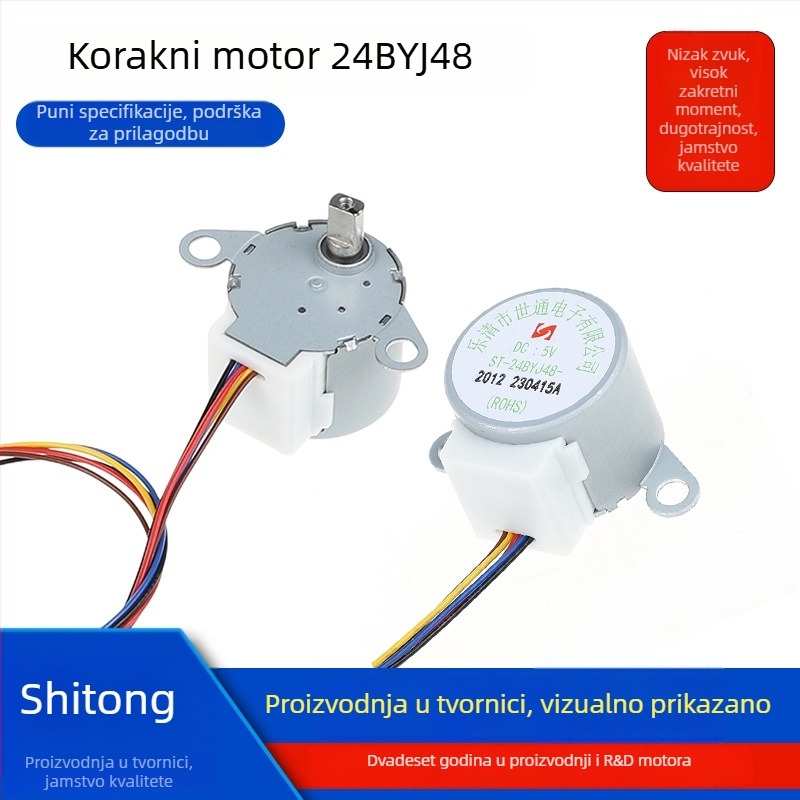 Stepper motor s trajnim magnetom 24BYJ48-2012; nazivno napajanje 5–36V; nazivni napon 5A; nazivna brzina 100 rpm.