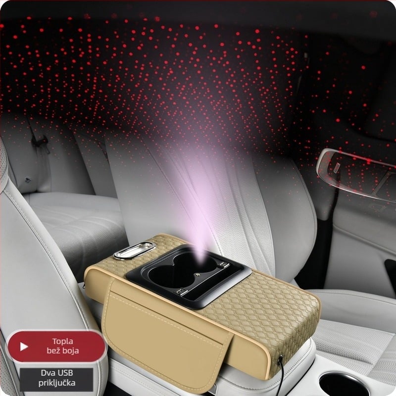 Kožni naslon za ruku na središnjoj konzoli automobila s višefunkcionalnim spremnikom za odlaganje, dvostruko USB punjenje, svjetlosni učinak zvjezdane noći, prilagodljivo obrađivanje