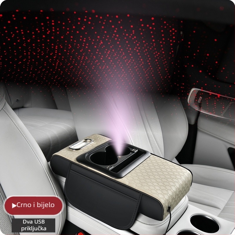 Kožni naslon za ruku na središnjoj konzoli automobila s višefunkcionalnim spremnikom za odlaganje, dvostruko USB punjenje, svjetlosni učinak zvjezdane noći, prilagodljivo obrađivanje