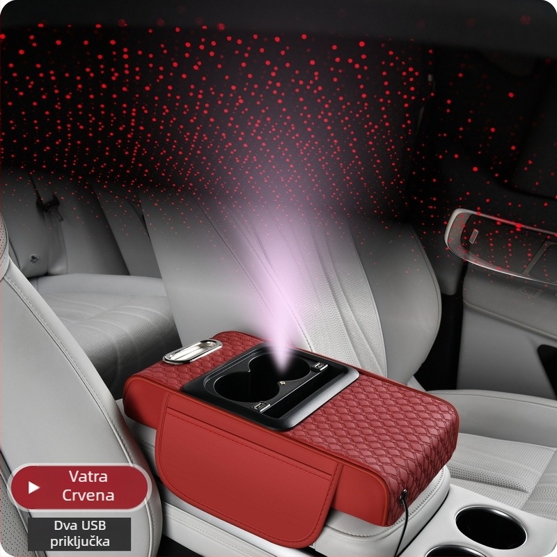 Kožni naslon za ruku na središnjoj konzoli automobila s višefunkcionalnim spremnikom za odlaganje, dvostruko USB punjenje, svjetlosni učinak zvjezdane noći, prilagodljivo obrađivanje