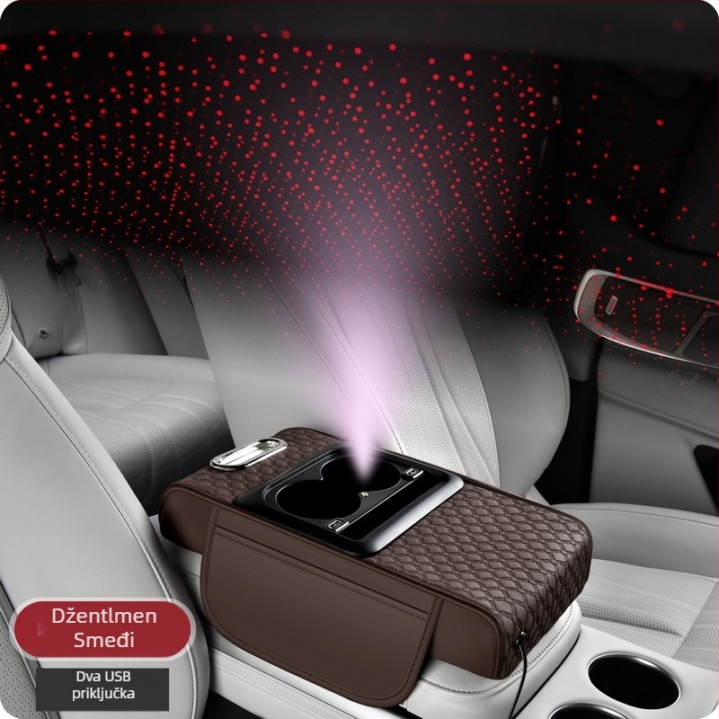 Kožni naslon za ruku na središnjoj konzoli automobila s višefunkcionalnim spremnikom za odlaganje, dvostruko USB punjenje, svjetlosni učinak zvjezdane noći, prilagodljivo obrađivanje