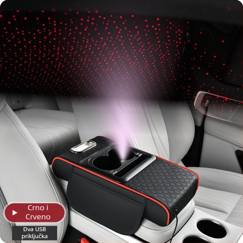 Kožni naslon za ruku na središnjoj konzoli automobila s višefunkcionalnim spremnikom za odlaganje, dvostruko USB punjenje, svjetlosni učinak zvjezdane noći, prilagodljivo obrađivanje