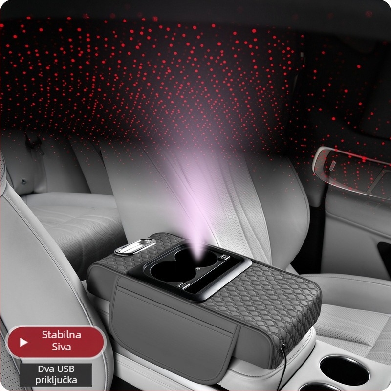 Kožni naslon za ruku na središnjoj konzoli automobila s višefunkcionalnim spremnikom za odlaganje, dvostruko USB punjenje, svjetlosni učinak zvjezdane noći, prilagodljivo obrađivanje
