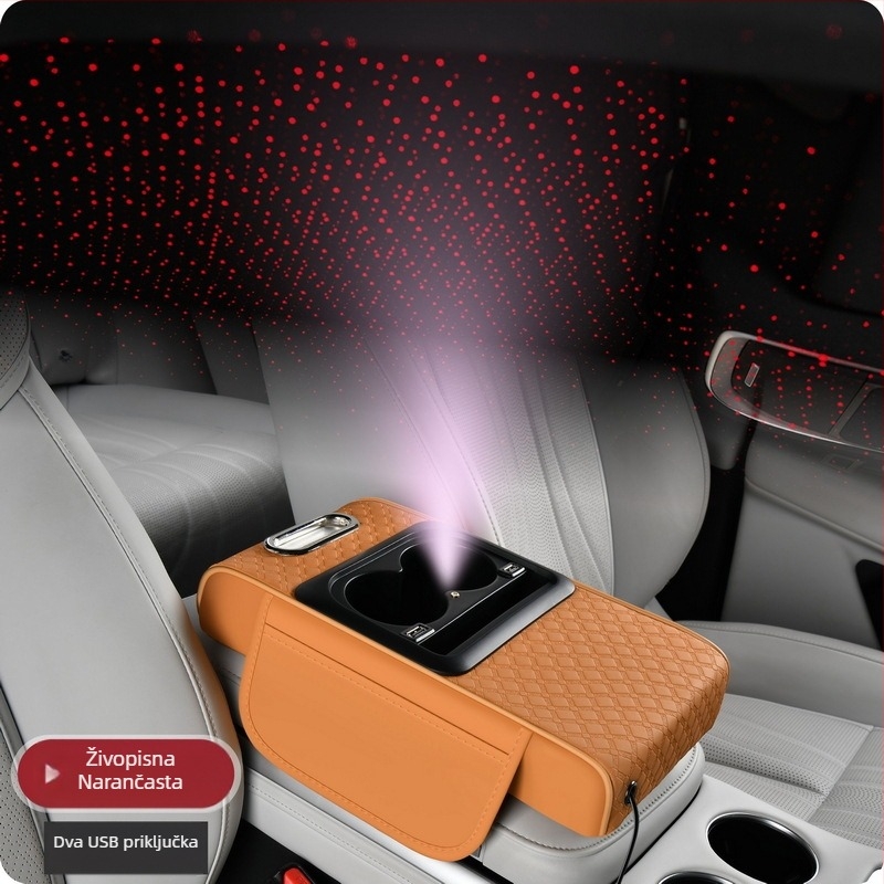 Kožni naslon za ruku na središnjoj konzoli automobila s višefunkcionalnim spremnikom za odlaganje, dvostruko USB punjenje, svjetlosni učinak zvjezdane noći, prilagodljivo obrađivanje