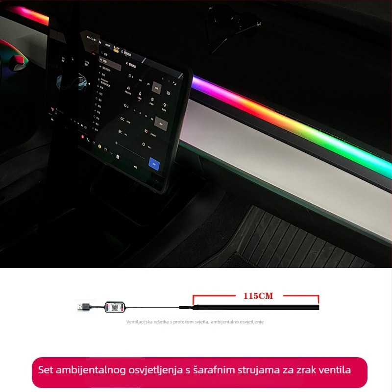 LED ambijentalno rasvjetno svjetlo za Tesla Model 3/Y – središnja konzola i otvor za zrak, 12W, 24V, 2A, Materijal: TPE, Model: One-for-two