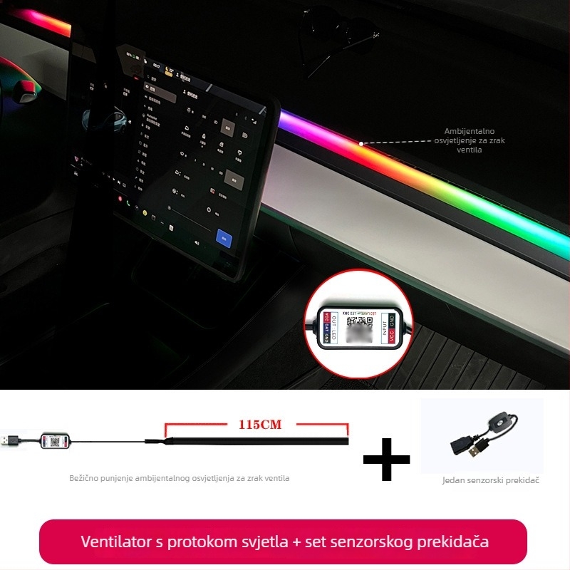 LED ambijentalno rasvjetno svjetlo za Tesla Model 3/Y – središnja konzola i otvor za zrak, 12W, 24V, 2A, Materijal: TPE, Model: One-for-two