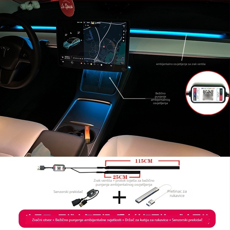 LED ambijentalno rasvjetno svjetlo za Tesla Model 3/Y – središnja konzola i otvor za zrak, 12W, 24V, 2A, Materijal: TPE, Model: One-for-two