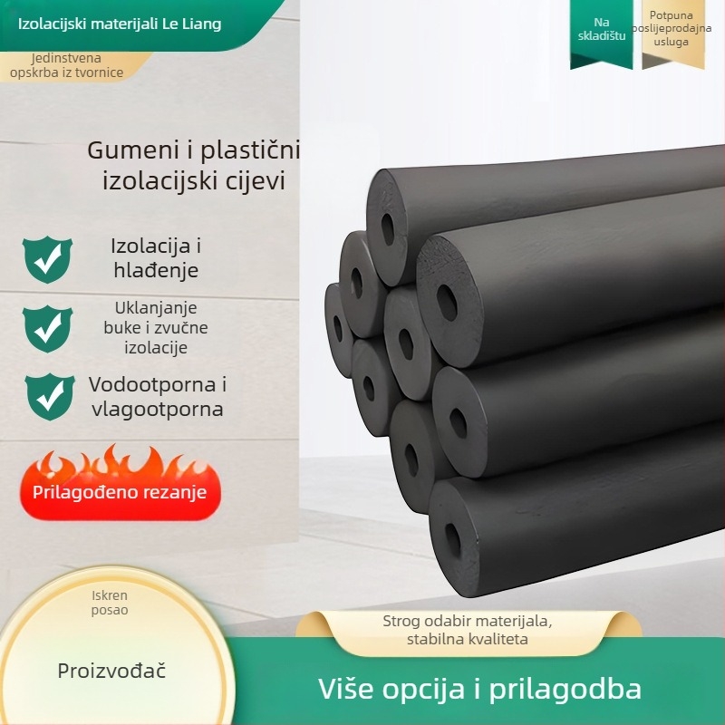 Gumoplast izolacijska cijev za toplu i hladnu vodu – mikroporozni omotač; toplinska vodljivost 0,035 W/mK; savojna čvrstoća 120; tlačna čvrstoća 150; radna temperatura 500