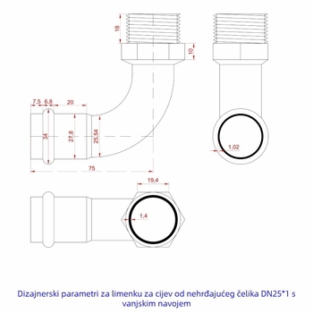 Nerđajući čelični vodovodni spoj – 90° vanjski navoja, kompresijski kutni spoj, 304/316L, otpornost na visoke temperature