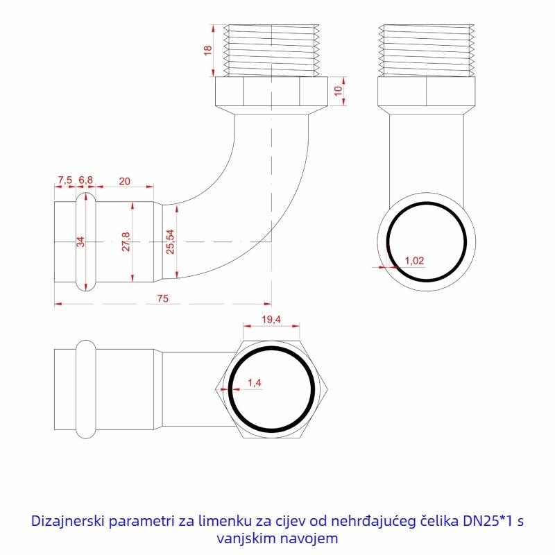 Nerđajući čelični vodovodni spoj – 90° vanjski navoja, kompresijski kutni spoj, 304/316L, otpornost na visoke temperature