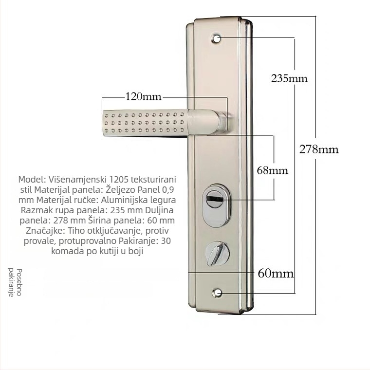 Klamka za vrata s bravom – Model 1001, metalna konstrukcija, sigurnosna vrata, moderan minimalistički stil