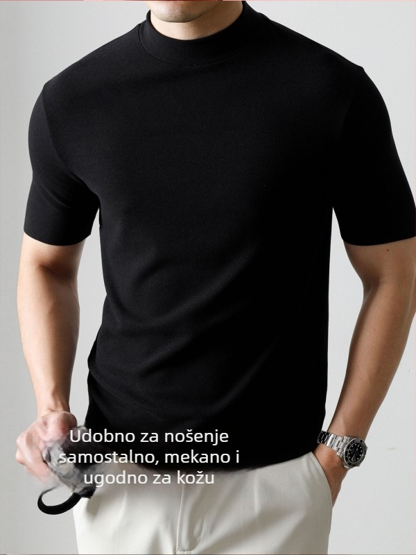 Muška poslovna T-majica s polu-visokim ovratnikom, gusta vunena smjesa, kratki rukavi, uski kroj, za jesen-zimu.