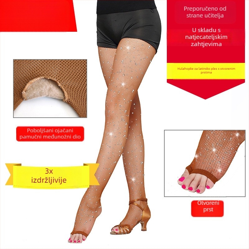 Otvorene prstne latino plesne čarape s učvršćenim prstom i pamukom podlogom, stil tajica čarapa, najlonsko vlakno, 90–95% spandex