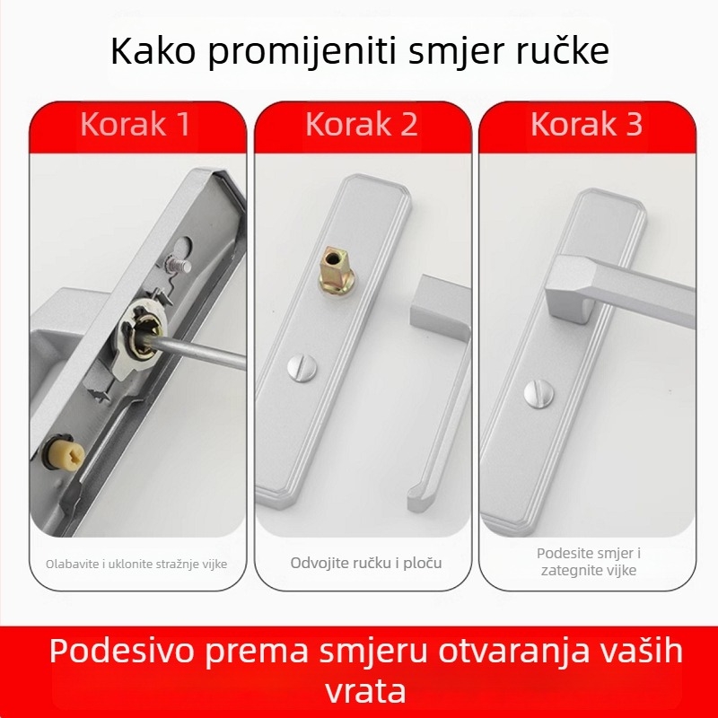 Brava za vrata kupaonice s čvrstim aluminijskim držačem, backset 110/125, moderni minimalistički dizajn