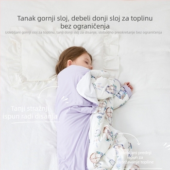 Dječji all-in-one spavaća vreća‑pidžama s antibakterijskim vanjskim dijelom od bambus-pamučne tkanine, podstava od poliestera, punilo 80% poliestera + 10% ovčja vuna + 10% PLA vlakana, jesen-zima