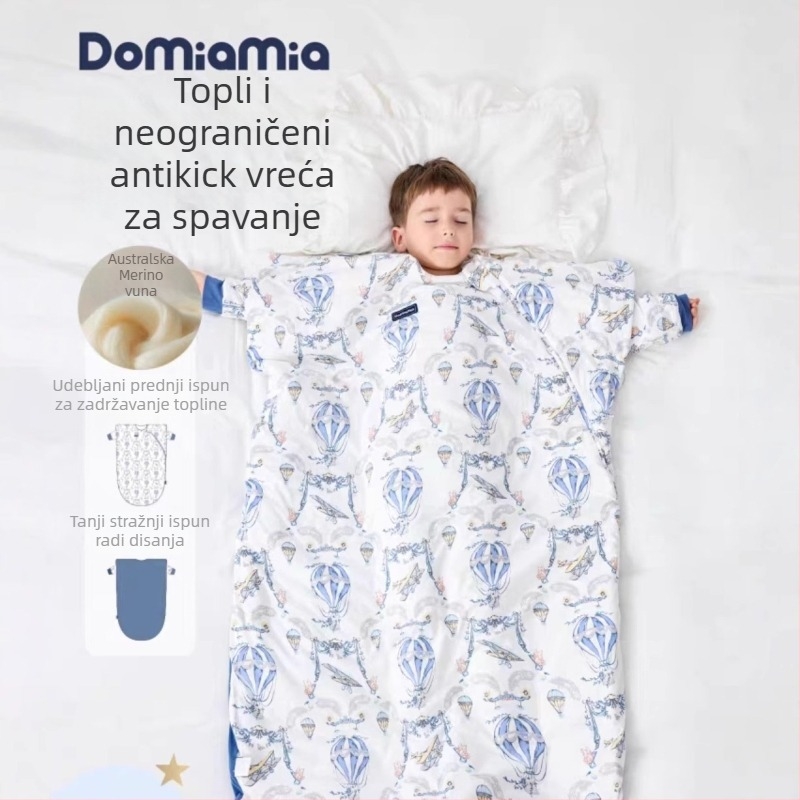 Dječji all-in-one spavaća vreća‑pidžama s antibakterijskim vanjskim dijelom od bambus-pamučne tkanine, podstava od poliestera, punilo 80% poliestera + 10% ovčja vuna + 10% PLA vlakana, jesen-zima