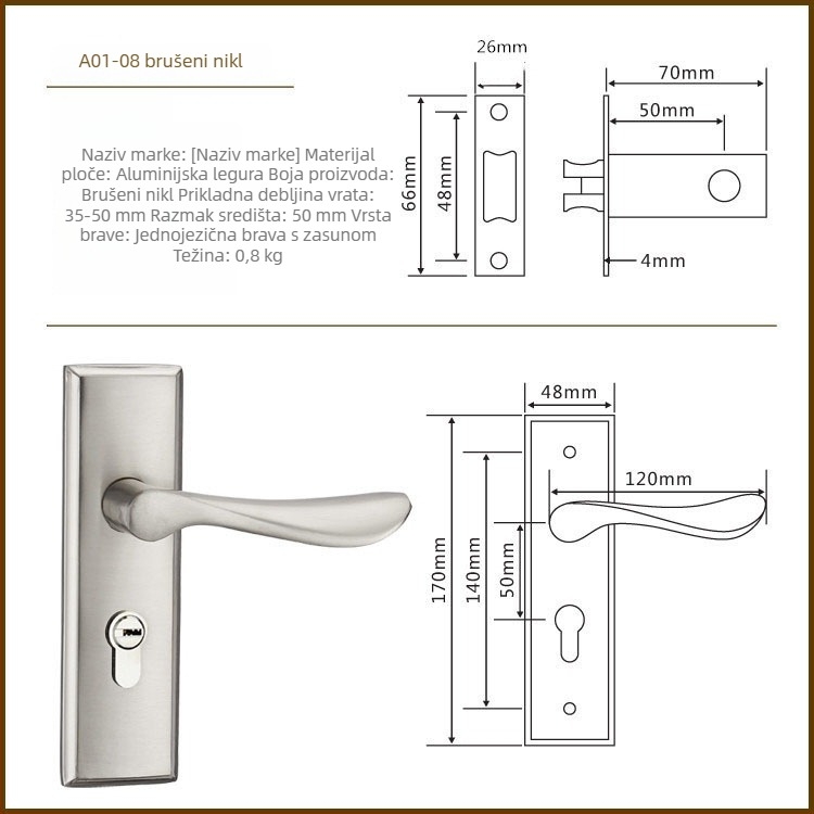 Brava za vrata – brava s ručkom (Značka: Denilon; Model: Door Lock; Prilagođavanje: Ne; Montaža: Ne)