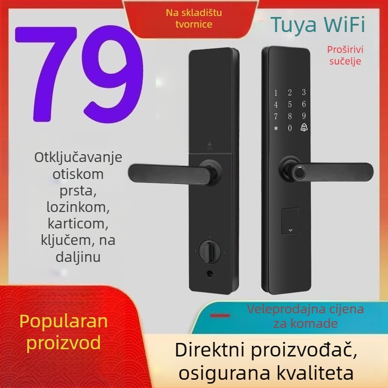 Poluautomatska pametna brava za sigurnosna vrata — memorija za 100 otisaka, više od 20 000 otključavanja, vrijeme skeniranja <0.1 s, lažno prepoznavanje <0.1%, DC napajanje