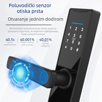 Pametni bravu s otiskom prsta za drvena vrata – model 2308A, kapacitet otisaka prsta 150, skeniranje 0,1 s, više od 100000 otključavanja, FAR 0,1% / FRR 0,1%, napajanje DC