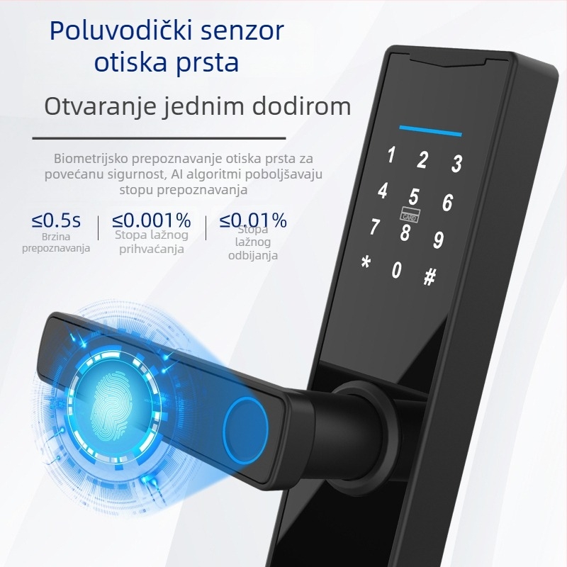 Pametni bravu s otiskom prsta za drvena vrata – model 2308A, kapacitet otisaka prsta 150, skeniranje 0,1 s, više od 100000 otključavanja, FAR 0,1% / FRR 0,1%, napajanje DC