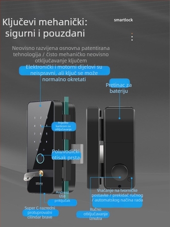 BimJi/ice B19P bezokvirna staklena vrata s ključem i čitačem otiska prsta za uredske klizne vrata, mogućnost privatnog brendiranja