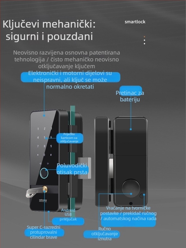 BimJi/ice B19P bezokvirna staklena vrata s ključem i čitačem otiska prsta za uredske klizne vrata, mogućnost privatnog brendiranja