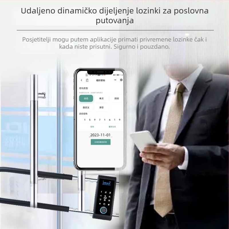 Pametan U-oblik brave za staklena vrata s otiskom prsta i lozinkom, model U3P, kapacitet otisaka prsta 50, vrijeme skeniranja <0,1 s, više od 100000 otključavanja, napajanje AC