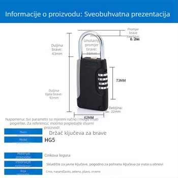 HG5 kutija za ključeve s numeričkim zaključavanjem, cinkova legura, numerički zaključavanje, 6,2 mm debljina zaključnog štapa, 38 mm razmak između šipki, moderni minimalistički stil