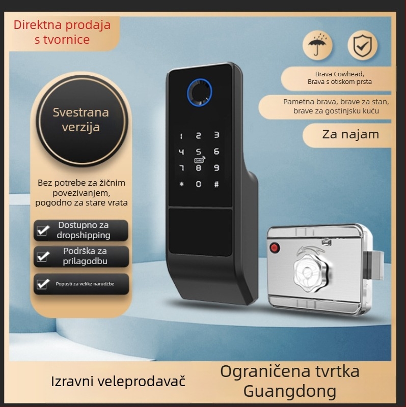 Brava za vrata s otiskom prsta, model VD08 s ključem, kapacitet otisaka 100, >100000 otključavanja, skeniranje <1,5 s, vodootporni aluminijski panel